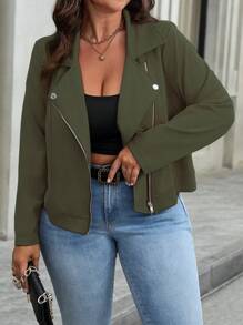 EMERY ROSE Plus Size Women's Solid Lapel Neck Zip Up Motorcycle Jacket, Long Sleeve Fall Winter Cloth For Women Autumn - Army Green - View 6