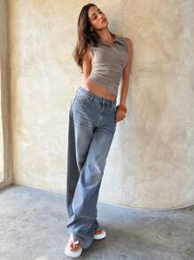 Aloruh 女式立领褶饰无袖衬衫 - 卡其色 - 查看 4