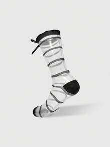 ROMWE Fairycore 4 双女士黑色蝴蝶蕾丝边真丝中筒袜，四季皆宜 - 黑與白 - 查看 8