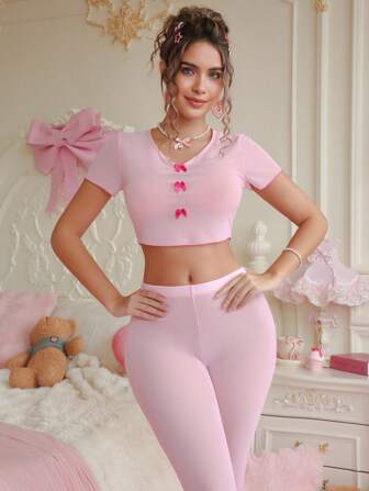PetitDoll 2pcs Set Contrast Color Crew Neck Bowknot Decor Crop Top And Long Pants Sexy Lingerie Set