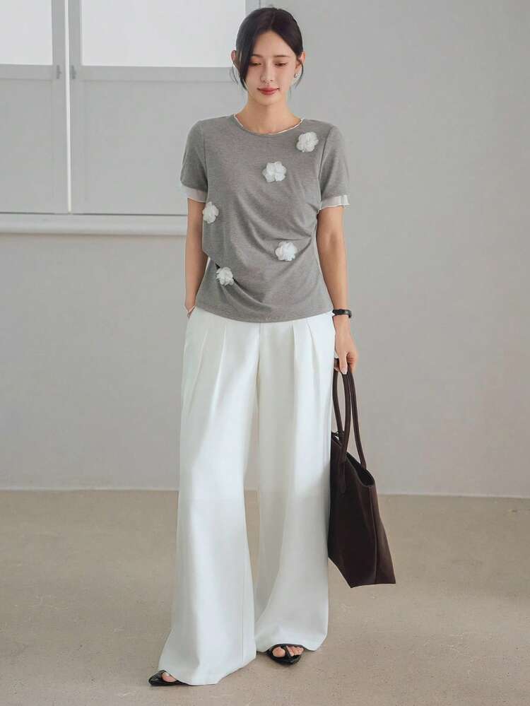 Women's Summer Casual Contrast Color Mesh Patchwork 3D Floral Decor Short Sleeve T-Shirt, Business & Holiday