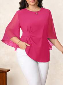 Reflora Áo kiểu dáng thanh lịch, màu trơn, tay loe, cỡ lớn, thích hợp mùa hè, công sở, dành cho nữ giáo viên, dịp Lễ Tình nhân. - Màu Hồng Tươi - Xem 1