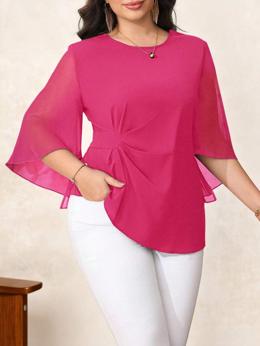 Reflora Áo kiểu dáng thanh lịch, màu trơn, tay loe, cỡ lớn, thích hợp mùa hè, công sở, dành cho nữ giáo viên, dịp Lễ Tình nhân. - Màu Hồng Tươi - Xem 1