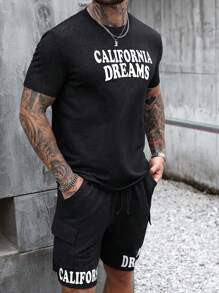 Manfinity LEGND Men Simple Printed Short Sleeve T-Shirt And Shorts 2 Pieces Set - Black - View 5