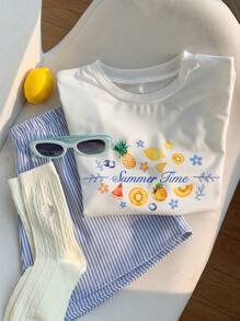 Comfortcana 2pcs Women Summer Letter & Pineapple Print Round Neck Short Sleeve T-Shirt And Striped Shorts Set