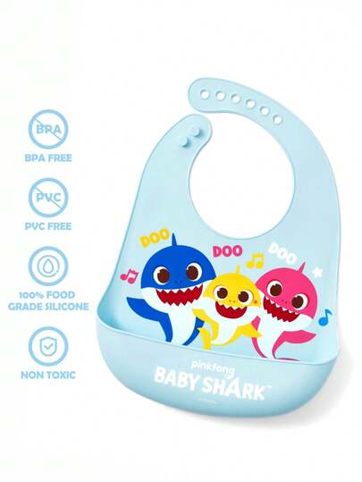 BABY SHARK X SHEIN 卡通鲨鱼图案硅胶婴儿围兜，防水防污，适合进食和喂食，柔软轻便，可调节尺寸，男女通用，男孩和女孩适用