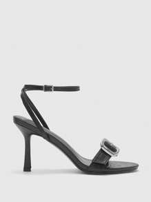CUCCOO BIZCHIC Sandalias de tacón alto con puntera redonda, decoradas con hebilla de metal, de estilo punk en piel sintética negra - Negro - Ver 6