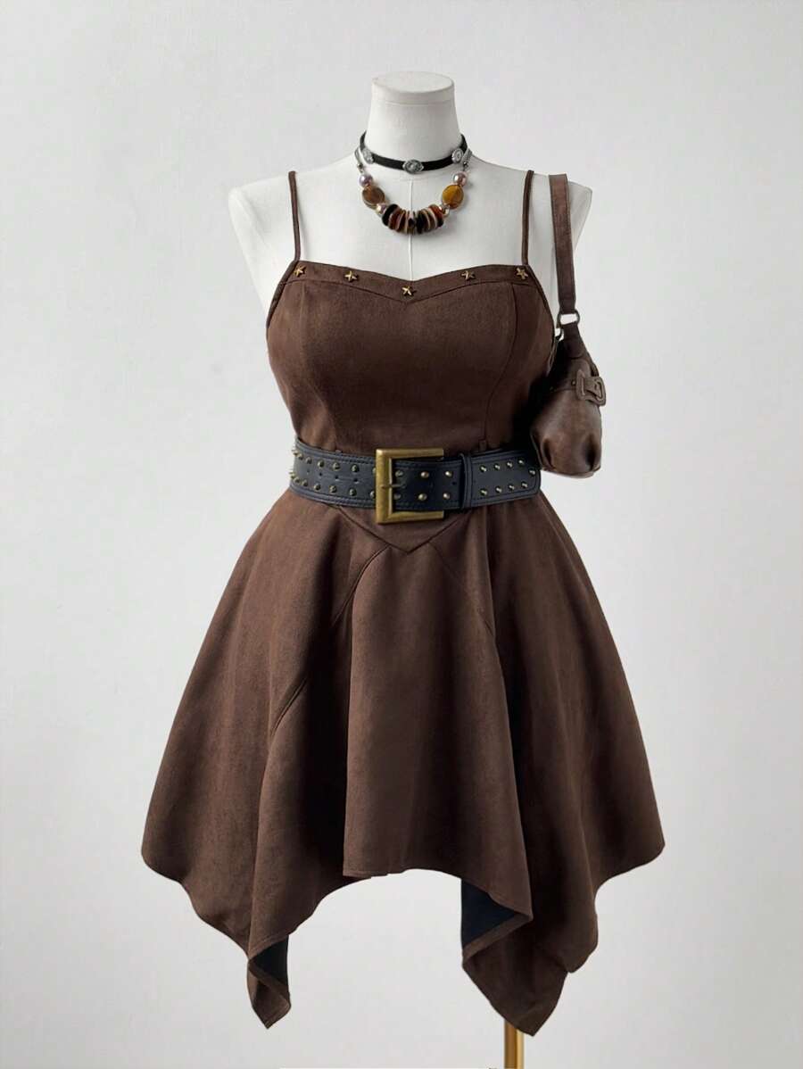 Flirla 大码女式棕色绒面不对称下摆吊带连衣裙