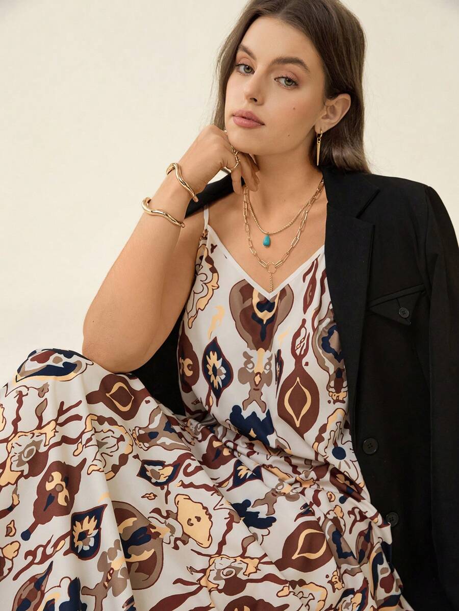 SHEIN LUNE 加大码女式花卉印花彩虹休闲无袖连衣裙七月四日适合夏季度假海滩装女士连衣裙