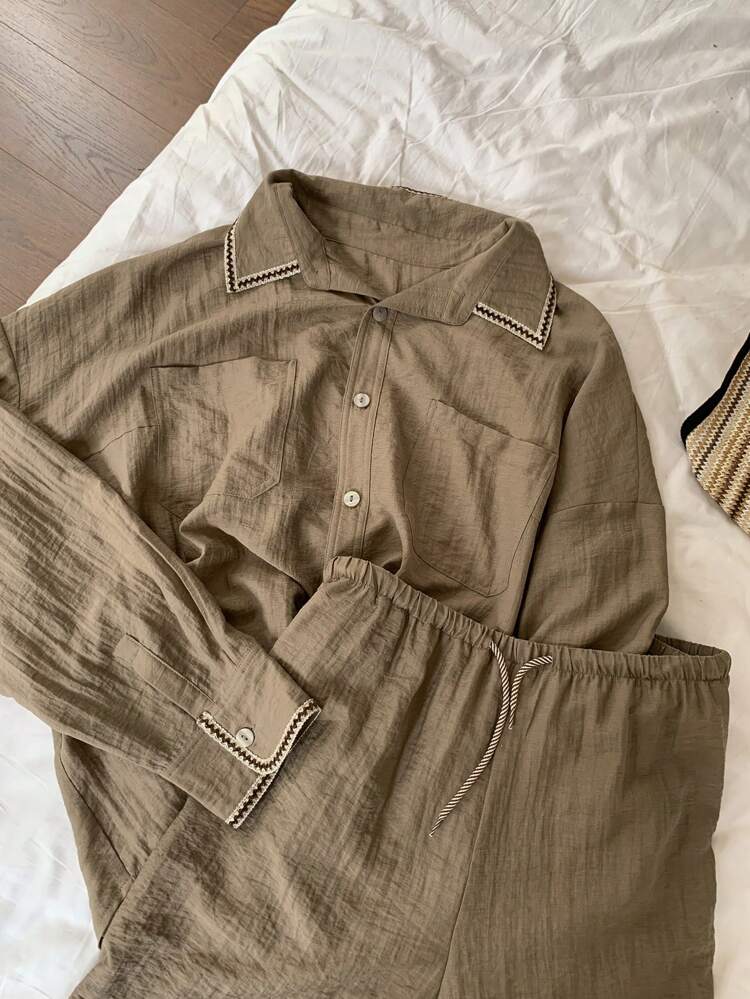 Dazy Plus 2pcs Set Contrast Color Patchwork Lapel Long Sleeve Shirt Top And Loose Shorts Lounge Sets For Women