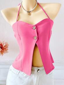 Women's Sexy Front Button Backless Halter Neck Top, Summer - Hot Pink - View 3