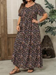 EMERY ROSE Lässiges Ditsy Blumen Urlaubskleid in Große Größen mit Rundhalsausschnitt und Kurzarm, geeignet für den Sommer