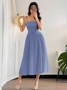 Firerie Women's Elegant Minimalist V-Neck Ruched Texture Fabric Beach Midi Dress, A-Line Silhouette, Summer - Blue - View 6