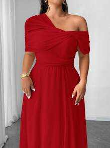 Elenzga 大码女士优雅浪漫婚礼派对礼服，雪纺单肩开衩长裙，适合春、秋、冬季穿着 - 紅色 - 查看 4