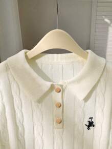 Franclia Color Block Trim Simple Embroidered Horse Head Polo Collar Long Sleeve Knit Sweater Knit Pullover Fall Winter