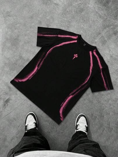 PAVTROS Camiseta masculina Streetrush com estampa de cores contrastantes, gola redonda, manga curta, roupas masculinas Y2K, roupa masculina preta, Halloween, festa de Halloween, streetwear