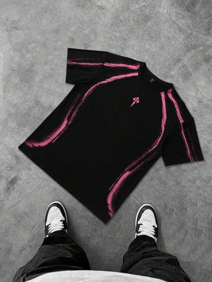 PAVTROS Manfinity Streetrush 男士撞色印花圆领短袖T恤，Y2K风格，黑色，适合万圣节、万圣节派对、街头服饰 - 黑色 - 查看 1