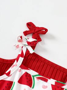 女婴夏季新款两件套连衣裙：红色蝴蝶结荷叶边纯色连衣裙+白色西瓜印花连衣裙，高腰泡泡袖连衣裙甜美公主裙休闲外出派对连衣裙，1-3岁可爱水果图案荷叶边设计，清新夏日度假写真拍摄装 - 紅色 - 查看 3