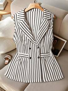 GlowEve CURVE Áo khoác vest không tay ve kẻ sọc thời trang cỡ lớn, thích hợp mặc đi làm hàng ngày, mùa hè - Đen và trắng - Xem 5