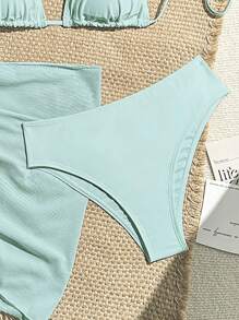 Bộ 3 món: Bộ đồ bơi bikini buộc dây màu trơn gợi cảm dành cho nữ + váy che phủ phù hợp cho kỳ nghỉ hè trên bãi biển - Màu xanh nhạt - Xem 4