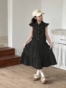 SHEIN Genkimix Kids Conjunto de 2 piezas para niñas con top tipo chaleco elegante y falda con volantes asimétricos en el bajo