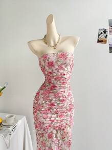 Soleia Resort Pale Yellow Ruched Bandeau Asymmetrical A-Line Long Dress - Pink - View 4