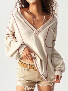 Bohemela 大码女式V领撞色缝线落肩长袖口袋休闲T恤 - 杏色 - 查看 2