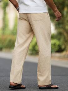 Manfinity Homme 男士时尚口袋设计休闲裤，旅行必备，适合送给男朋友、丈夫的礼物。适合日常休闲、节日休闲、海边度假，是送给男朋友或丈夫的绝佳礼物，波西米亚风格，男士夏季棉麻长裤男士休闲夏季裤子，秋季 - 杏色 - 查看 2