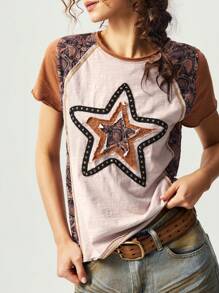 Bohemela 大码女式休闲圆领星星贴片短袖T恤，夏季 - 彩色 - 查看 3