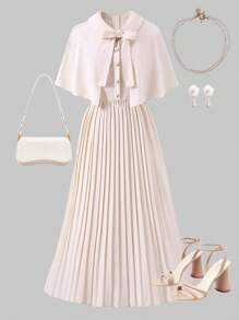 Sweetra Young 2pcs Women/Teen Elegant Commuter Style Pleated Dress With Shawl, Spring/Summer