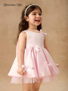 Glamorique Kids 浅粉色缎面花童礼服，丝带蝴蝶结装饰 V 领，优雅高端公主风格，适合婚礼和儿童 - 淺粉色 - 查看 7