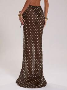 SHEIN BAE Women's Polka Dot Print Low Waist Drawstring Vacation Swimsuit, Elegant & Sexy Cover-Up Skirt, Country Concert - Coffee Brown - View 2