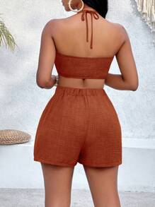 VaVaBold Conjunto de blusa de hombros caídos y top halter sin espalda con shorts - Marrón - Ver 2