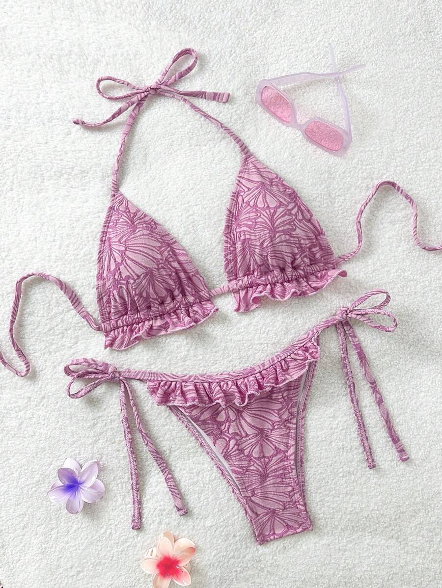 Soleia New Pink Textured Fabric Ruffle Trim Bikini Set, Vacation Style - Pink - View 1