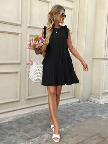 SHEIN LUNE 女士粉色褶皱迷你连衣裙，荷叶边短袖，适合夏季浪漫度假休闲穿着 - 黑色 - 查看 5