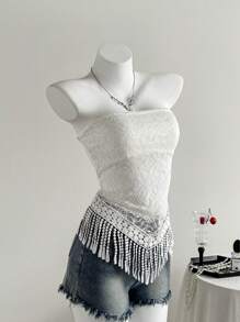 Roylia Stickad topp med tofsar och skör spets för kvinnor - Vitt - Visa 4