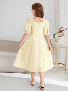 青少年女孩优雅简约精致甜美日常方领泡泡袖蝴蝶结 A 字连衣裙 - 米色 - 查看 2