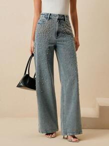 Anewsta 女士直筒水钻装饰优雅派对裤，适合春季、情人节、圣诞节穿着，显瘦。 - 藍色 - 查看 4