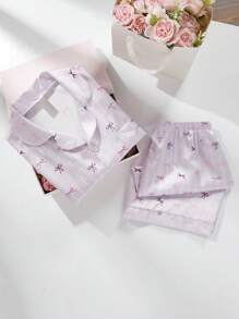 2 件套优雅休闲紫色蝴蝶结设计短袖上衣和短裤睡衣套装适合青少年女孩女士睡衣睡衣短套装女童睡衣短套装女童夏季睡衣青少年女孩夏季睡衣套装女士睡衣套装缎面睡衣套装短裤睡衣套装蝴蝶结睡衣套装 - 紫色 - 查看 3