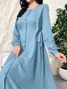 Al Najma Spring & Summer Casual Solid Color Lantern Sleeve Front Button Maxi Arabian Dress Full Length Modest Elegant Style For Casual Daily/Work/Holiday/Evening Parties/Wedding Guest - Blue - View 1