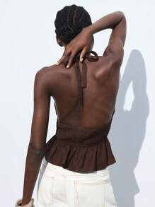 Maija Women's Sexy Solid Color Backless Halter Neck Top, Summer Brown Halter Top Deep V Neck Top Chocolate Brown Top Ruched Top Dark Brown Top,Autumn Outfits For Women, Christmas Women's Clothing