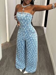 Slaydiva 女士破洞口袋阔腿休闲裤 女士夏季套装 女士俱乐部套装 女士性感节日套装 女士夏季服装 女士工作套装 Y2k 街头服饰 女士 女士牛仔连体裤 - 淺色水洗藍 - 查看 6