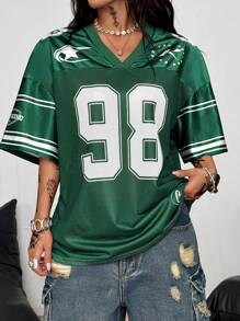 Coolane Women's Spring/Summer Festival Going Out Streetwear Vintage Breathable Mesh Number Pattern Graphics Baseball Green Jersey T-Shirt - Green - View 3