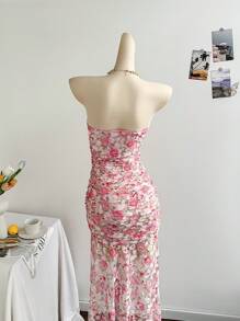 Soleia Resort Pale Yellow Ruched Bandeau Asymmetrical A-Line Long Dress - Pink - View 5