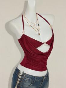 SHEIN ICON 女士休闲性感串珠装饰二合一上衣 - 酒紅色 - 查看 8