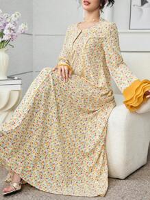Yasmyna 女士优雅花卉印花泡泡袖褶皱拼接连衣裙，迷人阿拉伯风格，春夏 - 彩色 - 查看 7