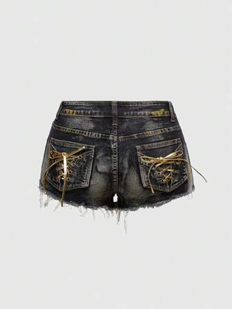 Vintage Style Distressed Silver Glitter Drawstring Waist Mini Shorts