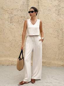 SHEIN Frenchy 女士两件套度假休闲纯色背心和裤子 - 杏色 - 查看 5