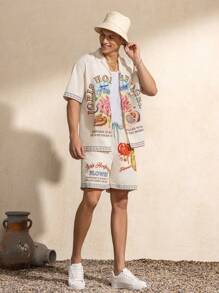 SHEIN Touch of Art Men's Summer Casual Vacation Artistic Tactile Painting & Letter Graphic Lapel Collar Short Sleeve Shirt - Apricot - View 3