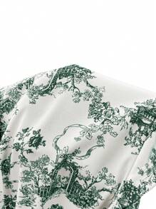 SHEIN LUNE Vestido corto de línea A con escote medio abierto, manga corta y cintura elástica con estampado azul y blanco, adecuado para primavera/verano, uso casual y oficina - Verde - Ver 7